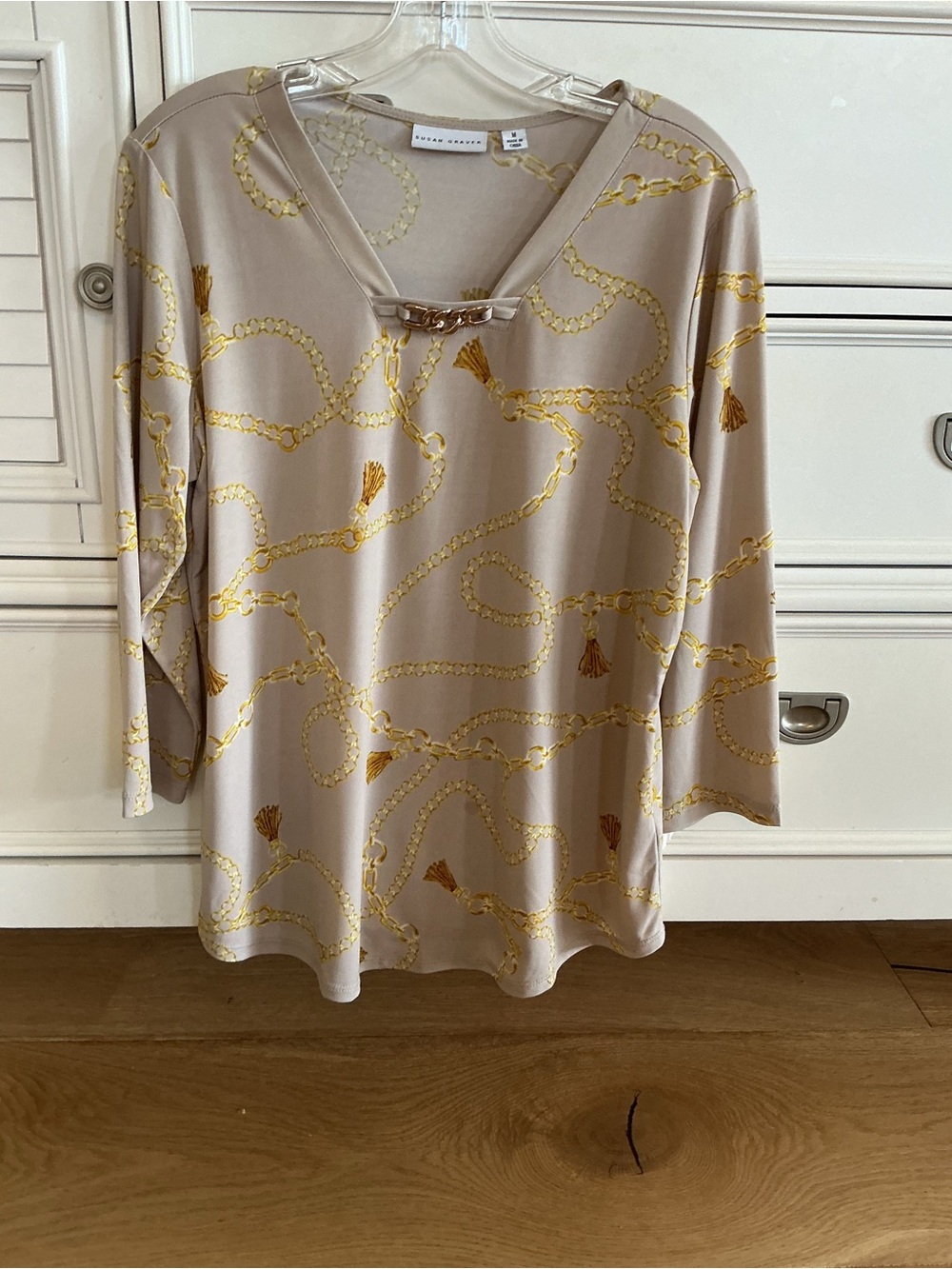 Susan Graver Beige Top with Gold Chain Print